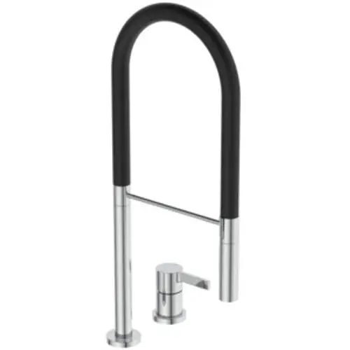 Küchenarmatur von Ideal Standard mit einem gebogenen Auslauf in Schwarz und Chrom, ausgestattet mit einem separaten Hebel für die Wassersteuerung.
